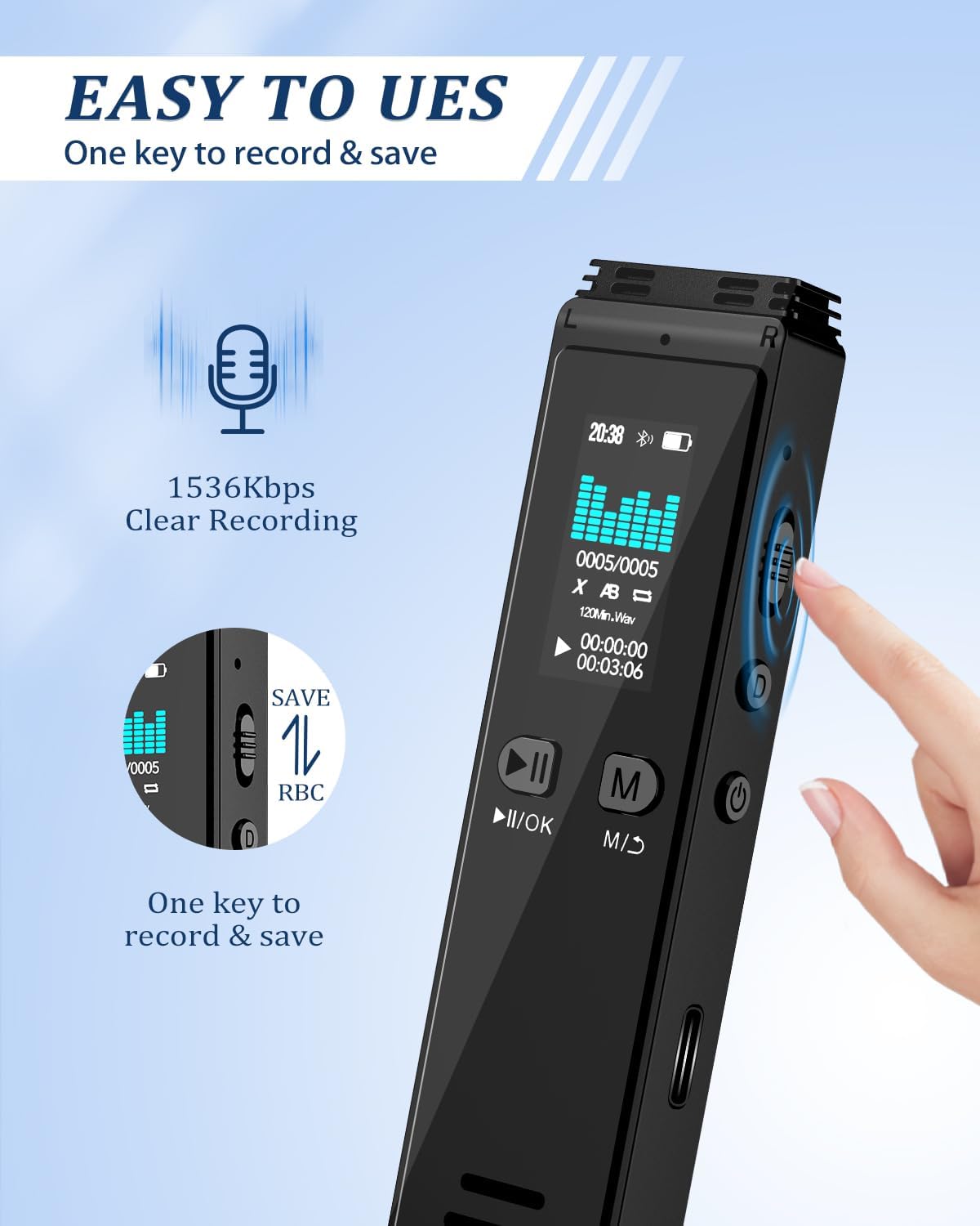 64GB Bluetooth Voice Activated Audio Recorder with MP3 Playback, Type-C Charge G8691