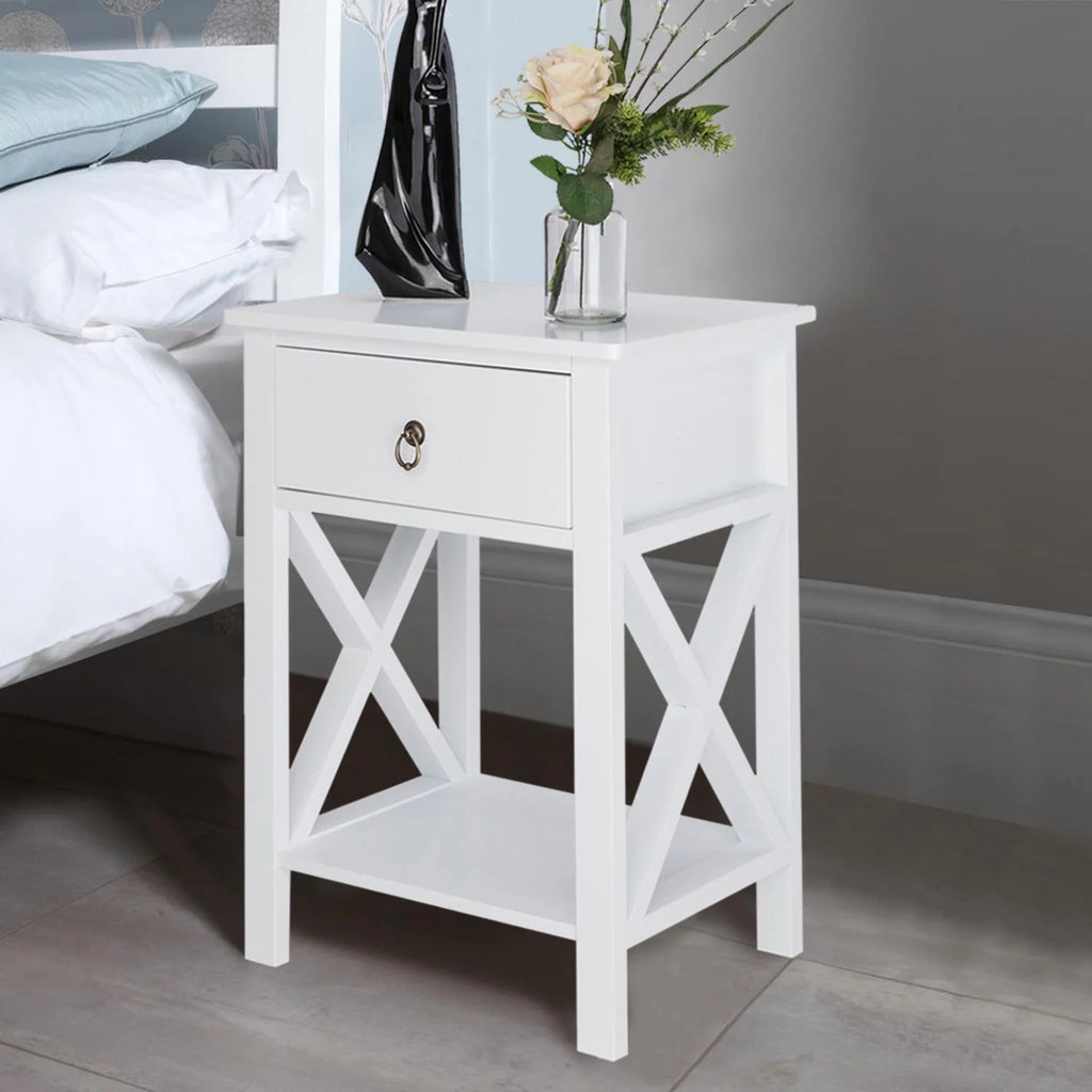 White Nightstand with Drawer and Shelf D87861