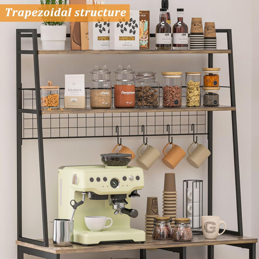 35.8" Large Farmhouse Coffee Station with 12 Hooks and Pull-Out Wire Basket, Coffee Bar Cart Table with Storage Shelves Rustic Brown L64643
