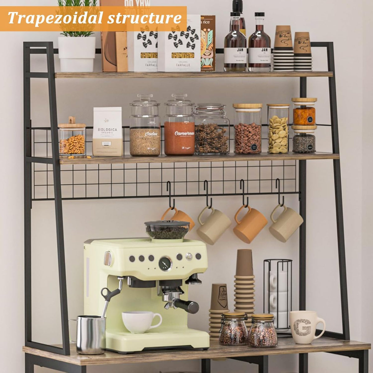 35.8" Large Farmhouse Coffee Station with 12 Hooks and Pull-Out Wire Basket, Coffee Bar Cart Table with Storage Shelves Rustic Brown L64643