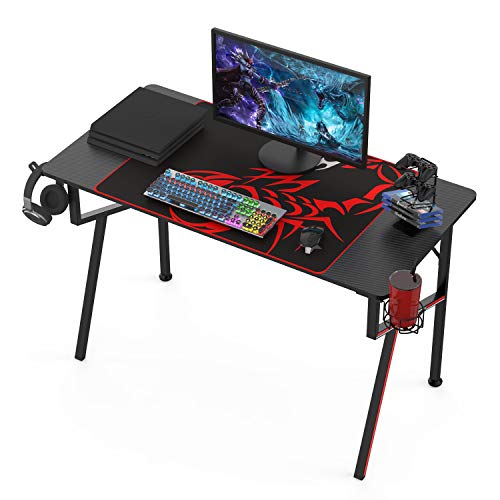 Black 47 Inch Gaming Desk with Mouse Pad Headset Hook Cup Holder Controller Stand R86074