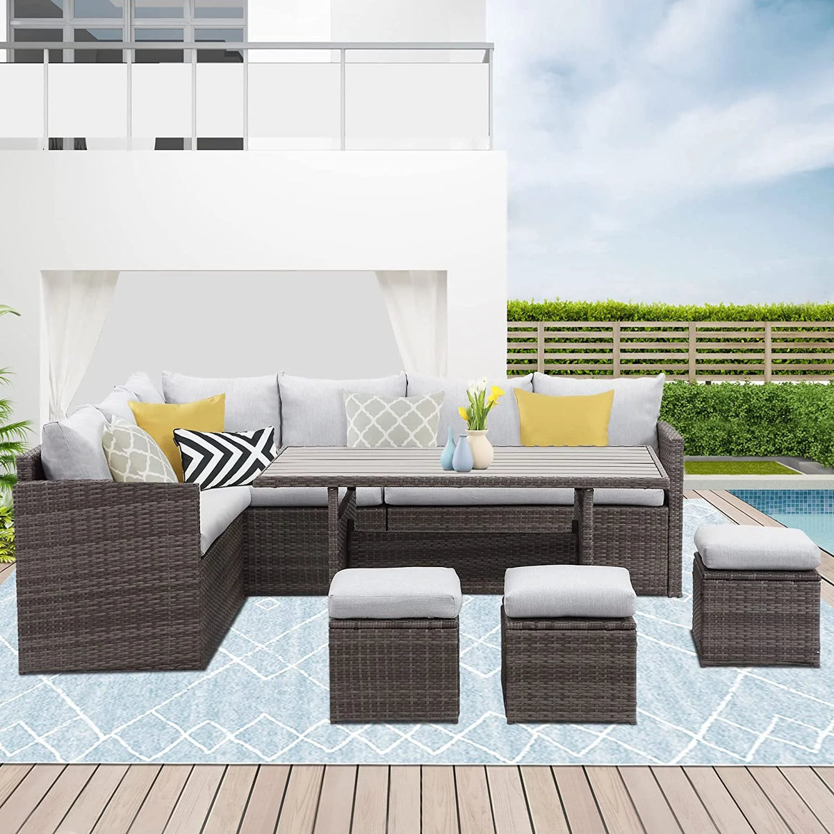 7 Piece Outdoor Dining Sectional Sofa with Dining Table and Chair E39398