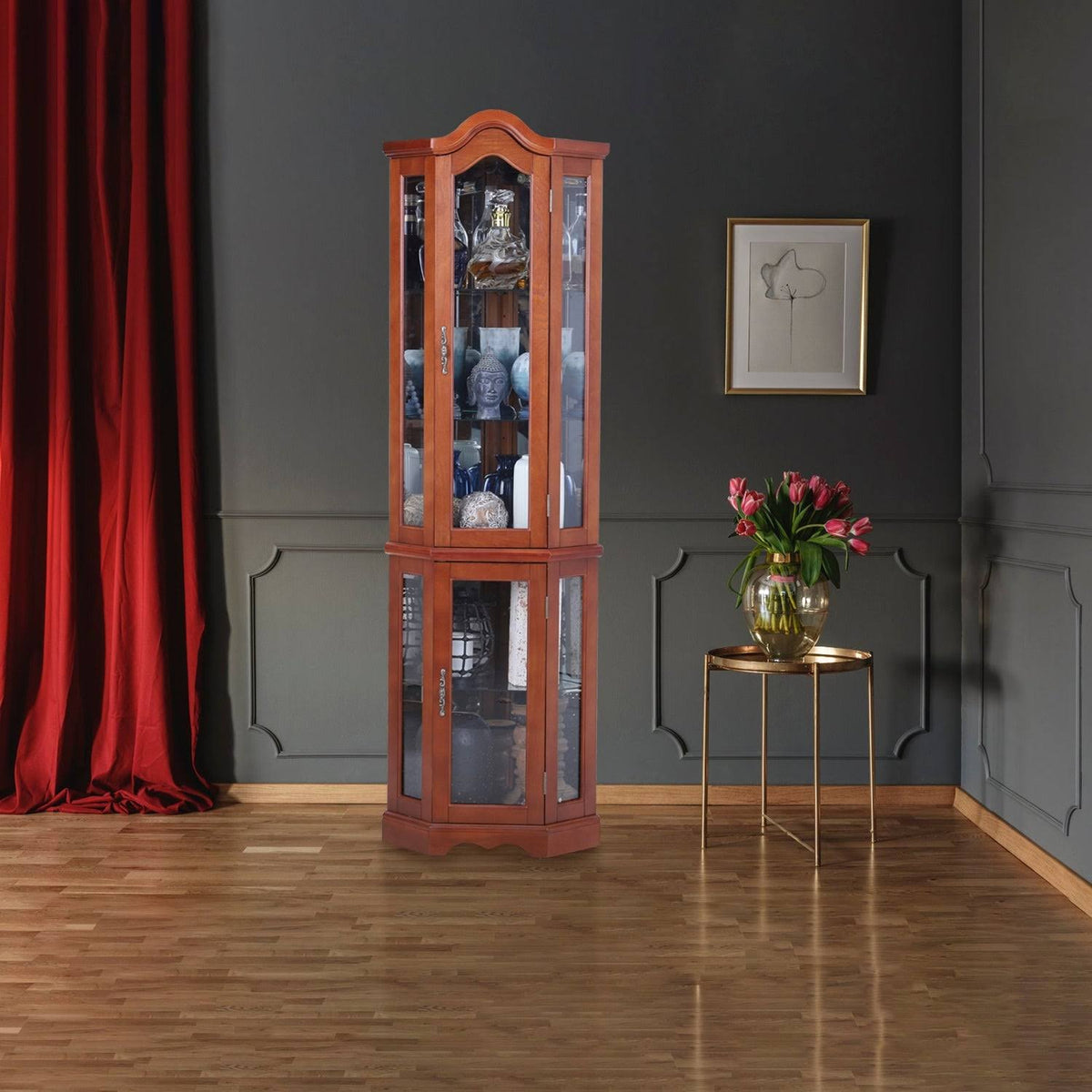 Brown Lighted Corner Curio Display Cabinet D9144