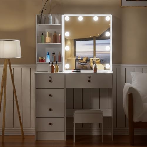 White Vanity Desk with Mirror, Lights, and Drawers with Cushioned Stool R293048