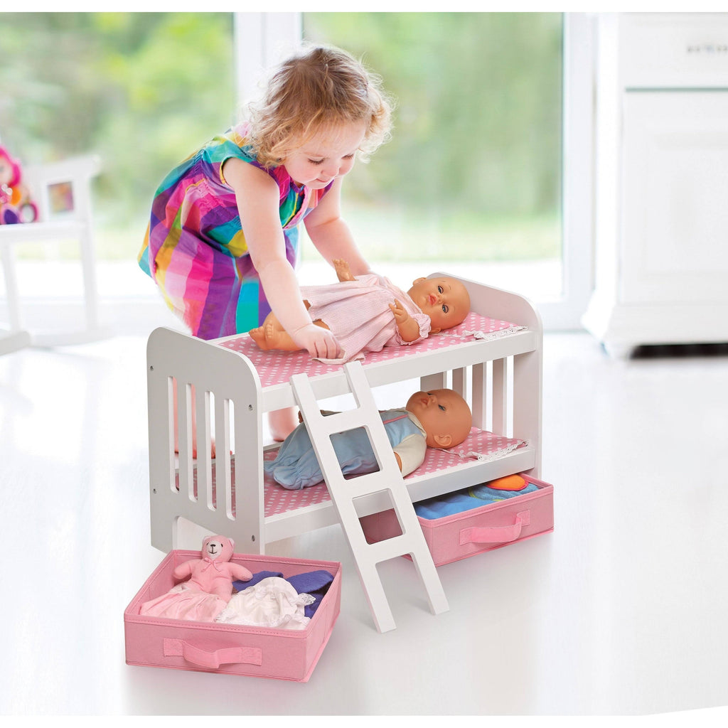 Doll Bunk Bed with Ladder and Two Storage Baskets - Pink W748