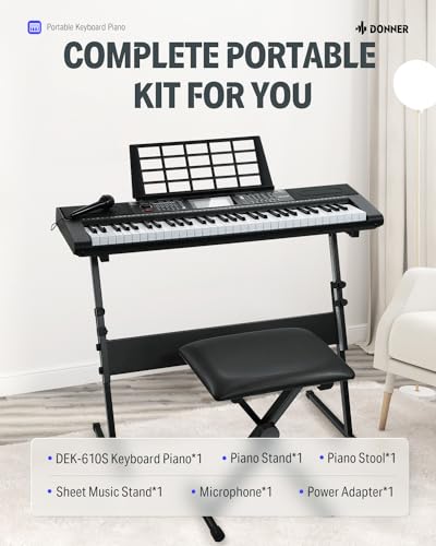 Black 61 Key Electric Piano Keyboard Kit with Stand, Stool, Microphone J16914