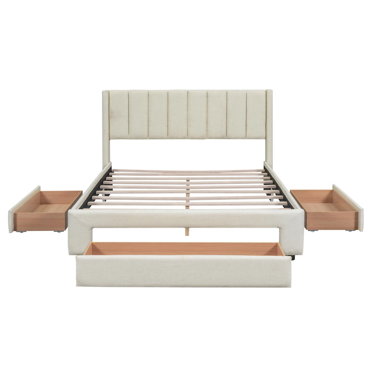 Beige Queen Size Upholstered Platform Bed with 3 Storage Drawers Z7393
