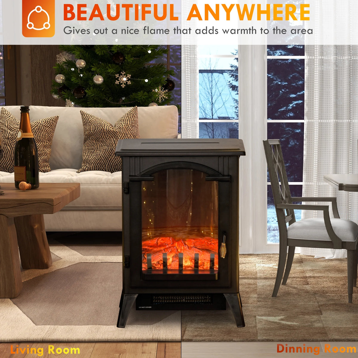 23" Electric Fireplace Heater with LED Flames and Logs, 750W/1500W, Black C6867