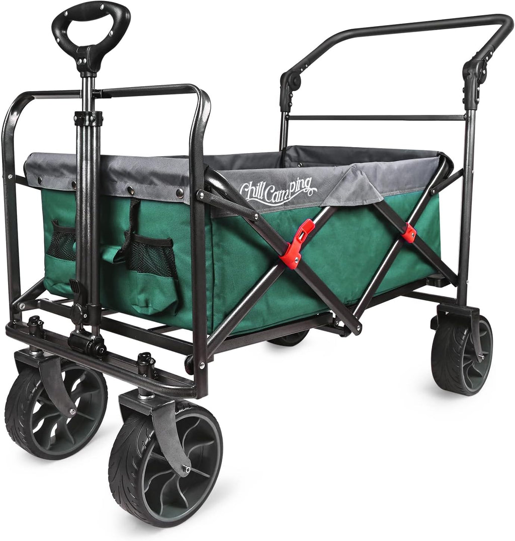 Collapsible Folding Wagon with Adjustable Push Pull Handles, Big Rubber Wheels, Green/Gray I22881