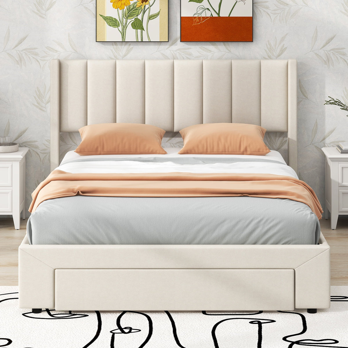 Beige Queen Size Upholstered Platform Bed with 3 Storage Drawers Z7393