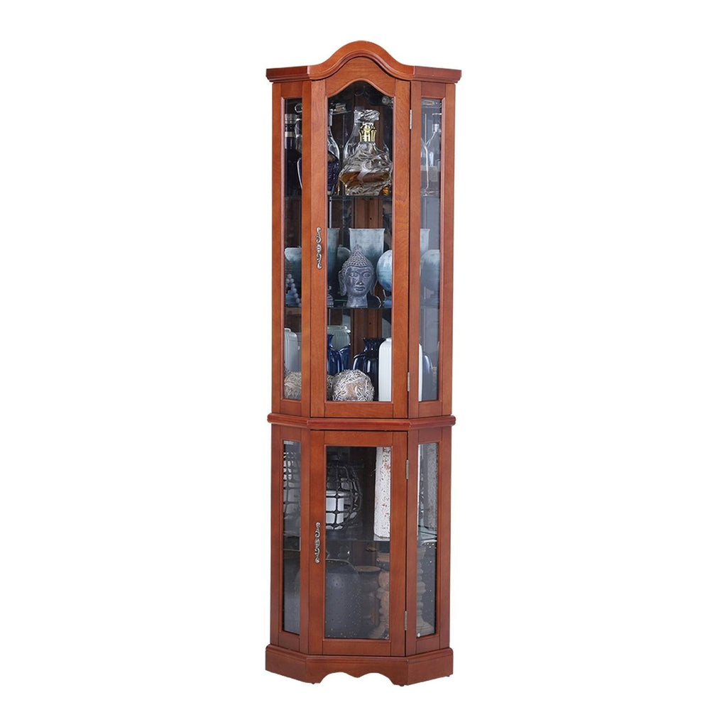 Brown Lighted Corner Curio Display Cabinet D9144