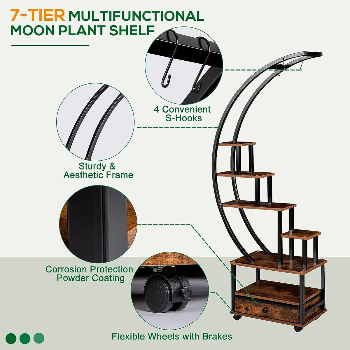 7-Tier Half Moon Plant Stand with Lockable Wheels, 71" Tall Plant Shelf with Drawer, 2 pieces M5252