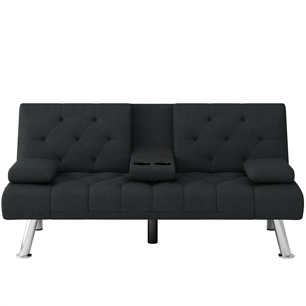 Black Convertible Upholstered Sofa Bed with Cupholders I25048