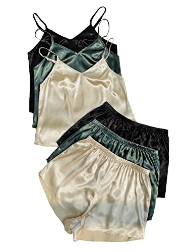3 Sets Silk Satin Pajama Set Sleeveless V Neck Crop Cami Top and Shorts B9029