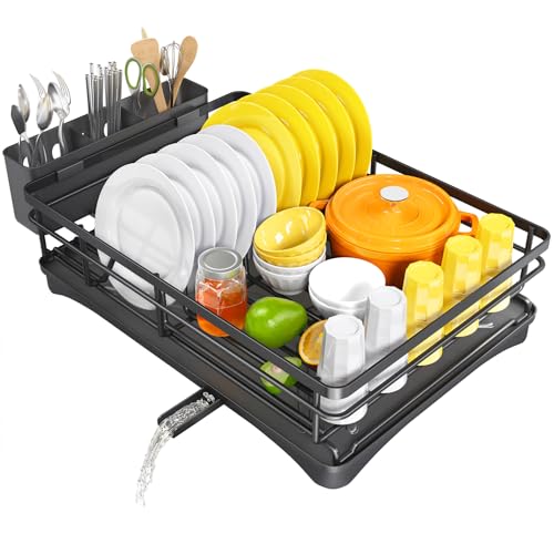 White Large Dish Rack with Drainboard and Utensil Holder B390561