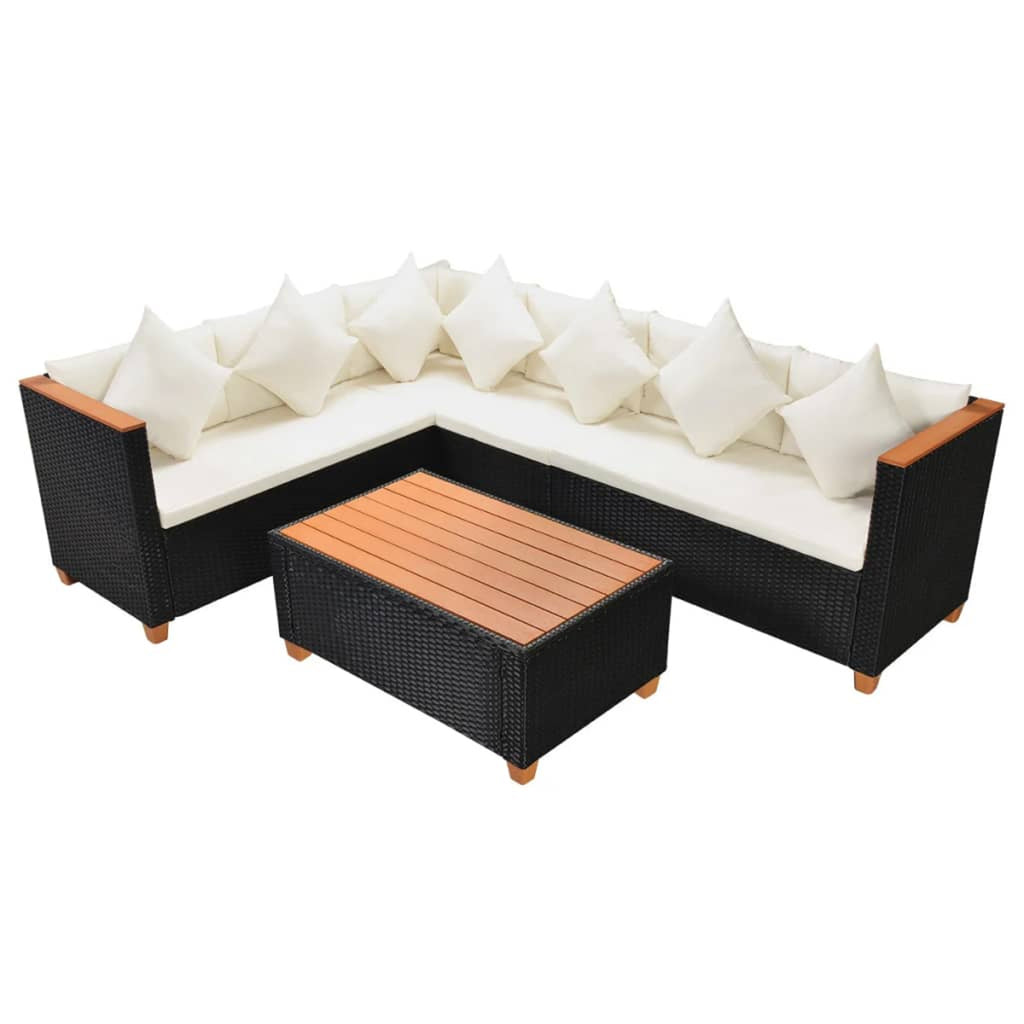 4 Piece Patio Lounge Set with White Cushions Black Poly Rattan 2-Seater Sofas with Corner Sofa and Coffee Table V133689