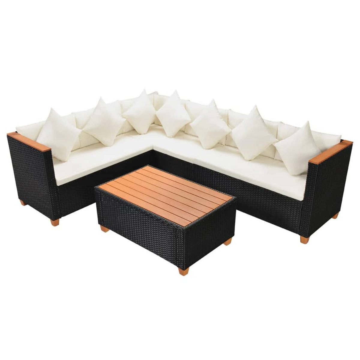 4 Piece Patio Lounge Set with White Cushions Black Poly Rattan 2-Seater Sofas with Corner Sofa and Coffee Table V133689