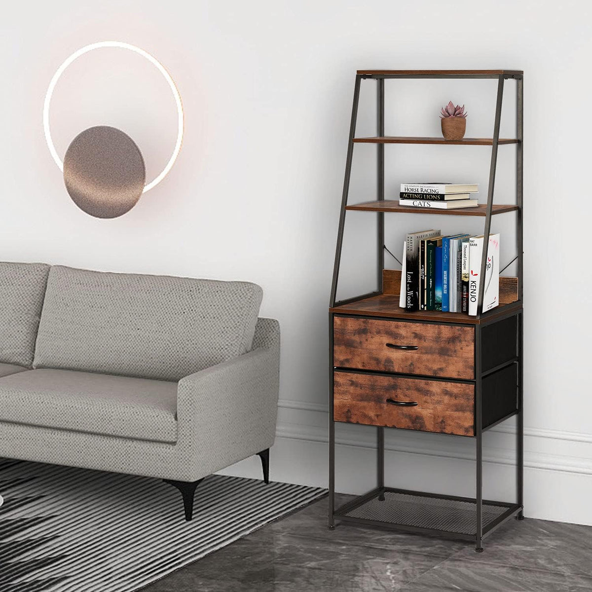 4-Tier Bookshelf with 2 Drawers Wood Metal Frame Q246674