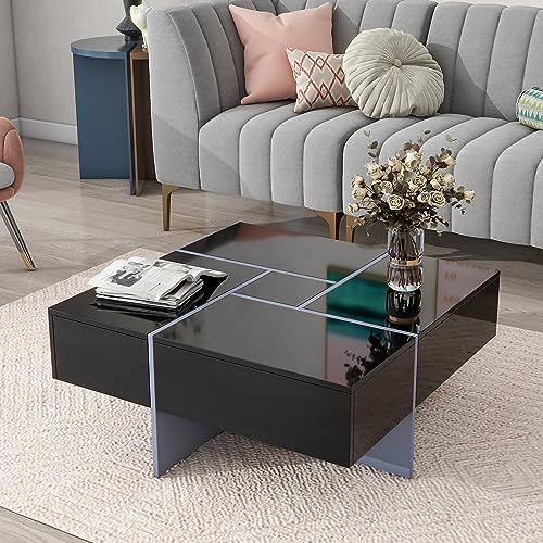 Black Square Coffee Table with 4 Hidden Storage Compartments and Extendable Sliding Tabletop B674400