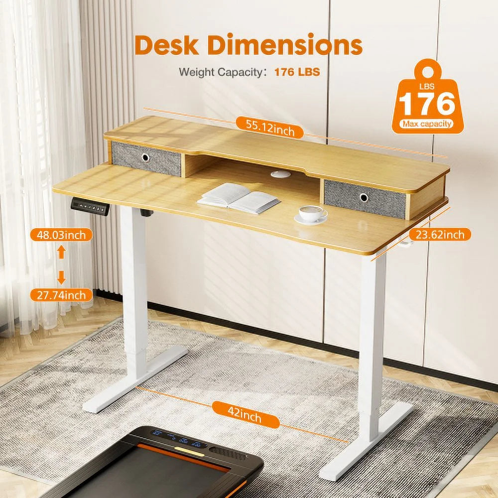 Height Adjustable Electric Standing Desk with Storage Shelf Double Drawer Z166