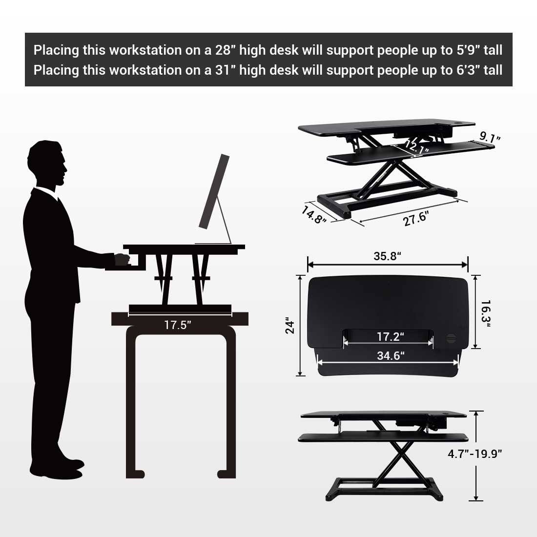 Black electric standing desk converter S352