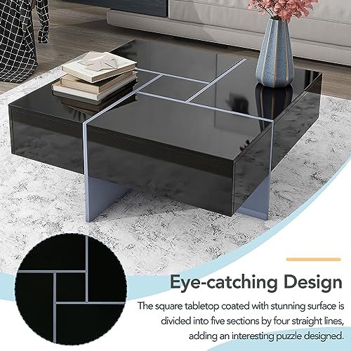 Black Square Coffee Table with 4 Hidden Storage Compartments and Extendable Sliding Tabletop B674400