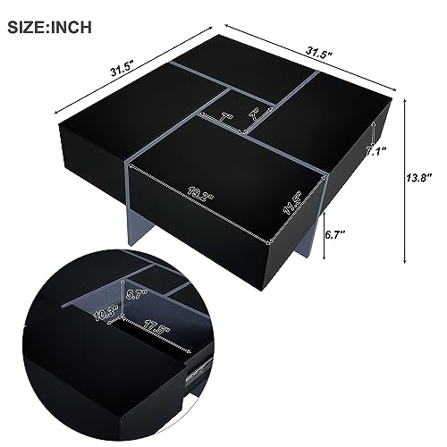 Black Square Coffee Table with 4 Hidden Storage Compartments and Extendable Sliding Tabletop B674400