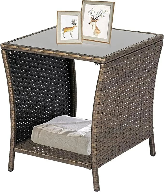 Square Wicker Bistro Table with Black Glass Top S9443