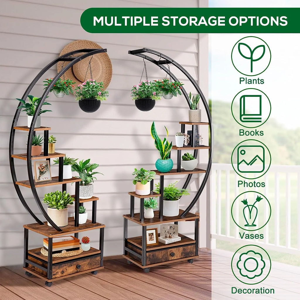 7-Tier Half Moon Plant Stand with Lockable Wheels, 71" Tall Plant Shelf with Drawer, 2 pieces M5252