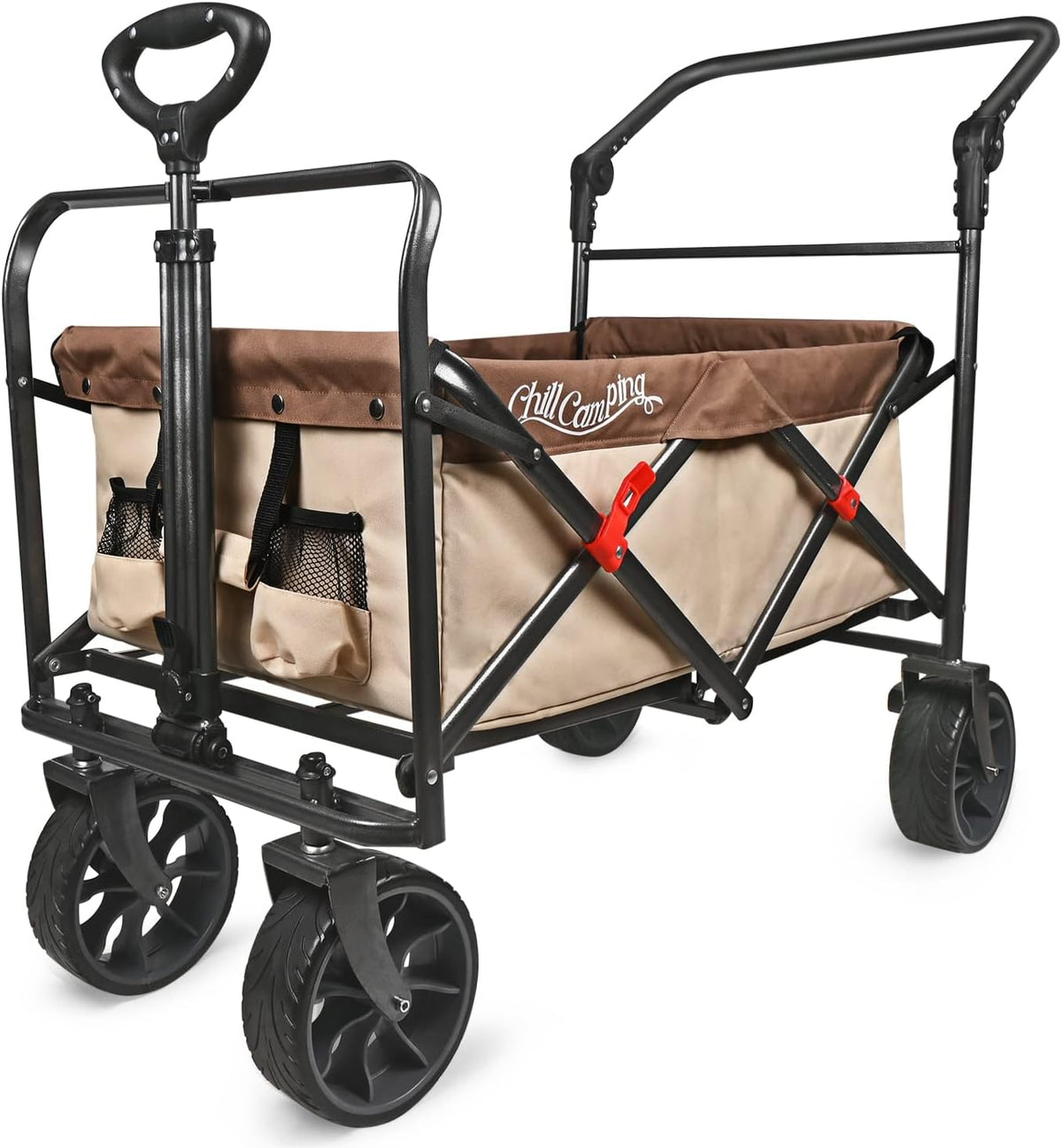 Collapsible Folding Wagon with Adjustable Push Pull Handles, Big Rubber Wheels, Green/Gray I22881