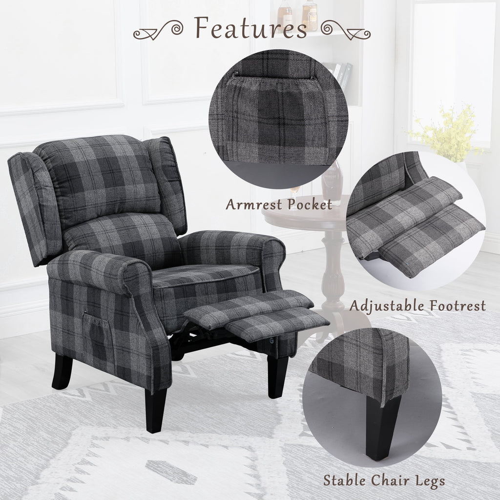Gray Check Upholstered Recliner Chair with Adjustable Footrest and Side Pocket M910