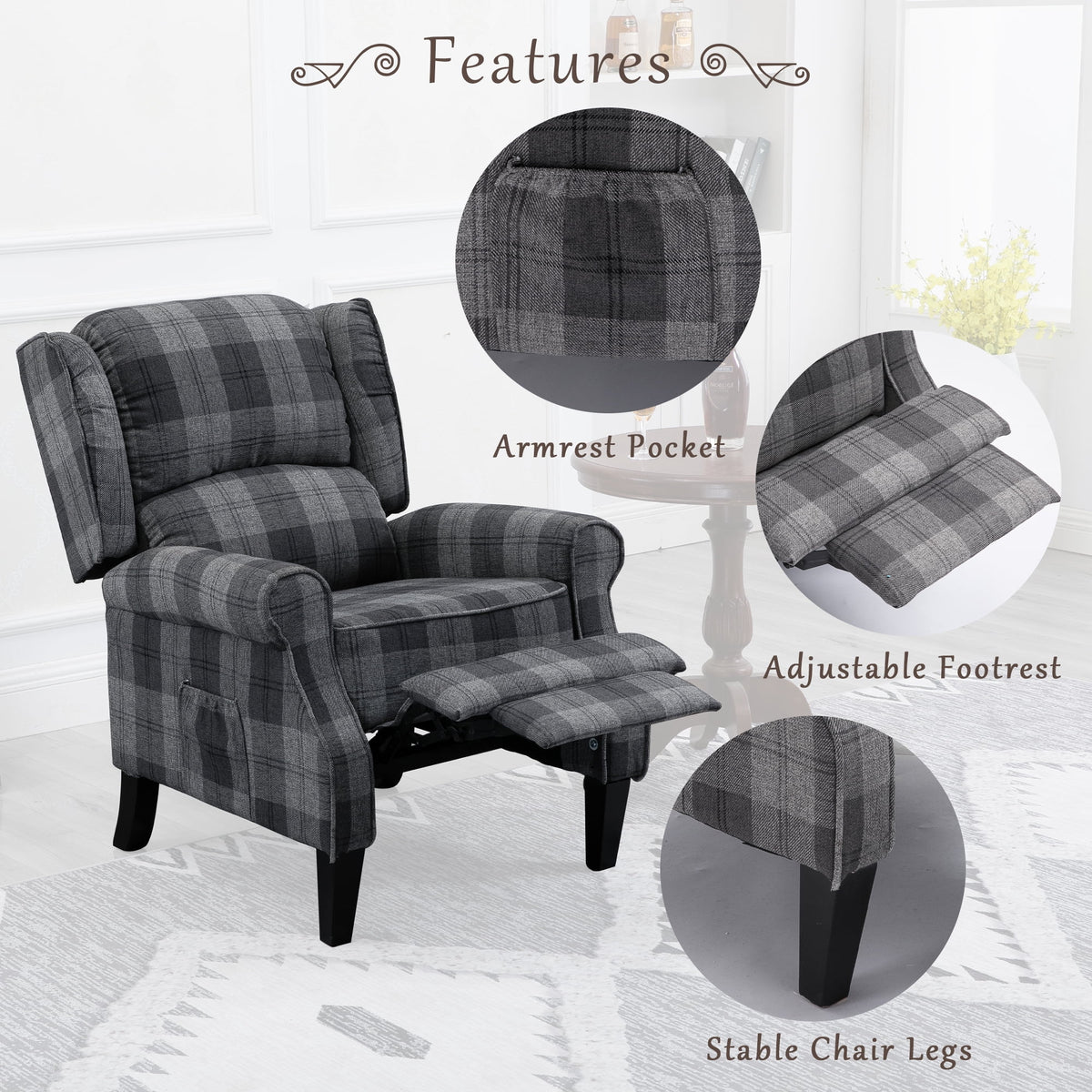 Gray Check Upholstered Recliner Chair with Adjustable Footrest and Side Pocket M910