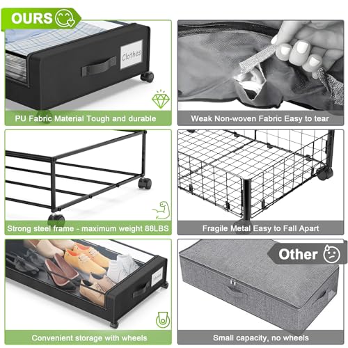 Black 2-Pack XXL 60L Rolling Metal Under Bed Storage Bins with Lids O175514