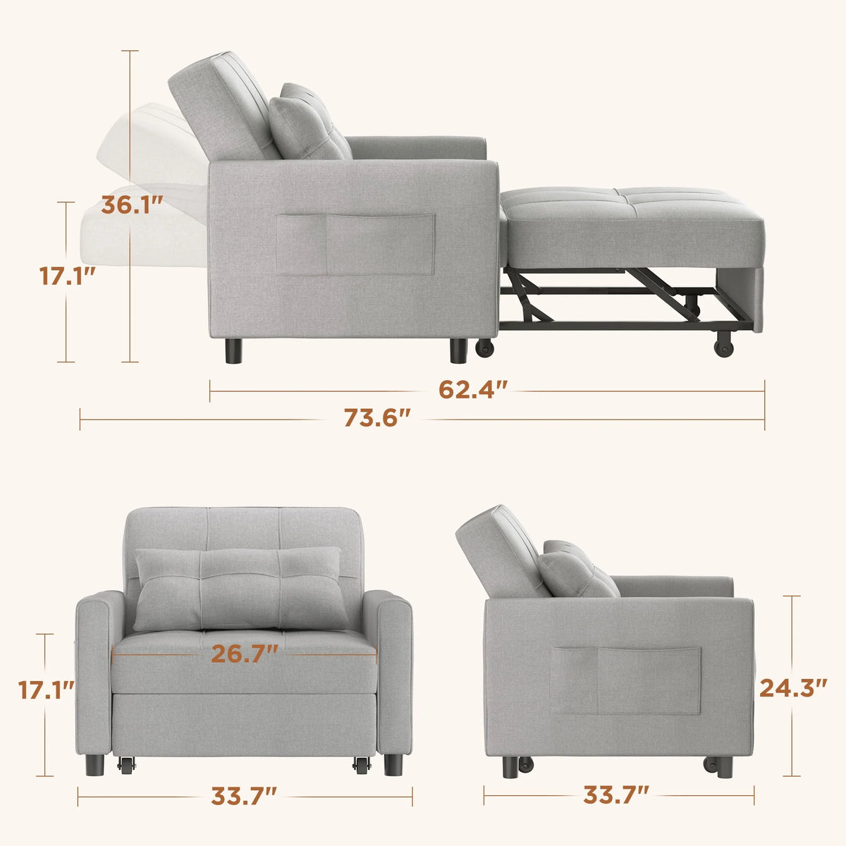 Light Gray Convertible Sofa Bed J958