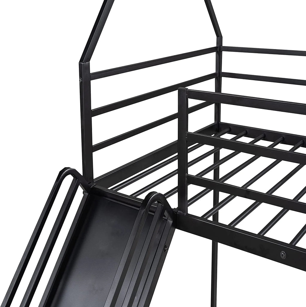 Black Metal Frame Kids Bunk Bed with Slide and Built-In Ladder G84210