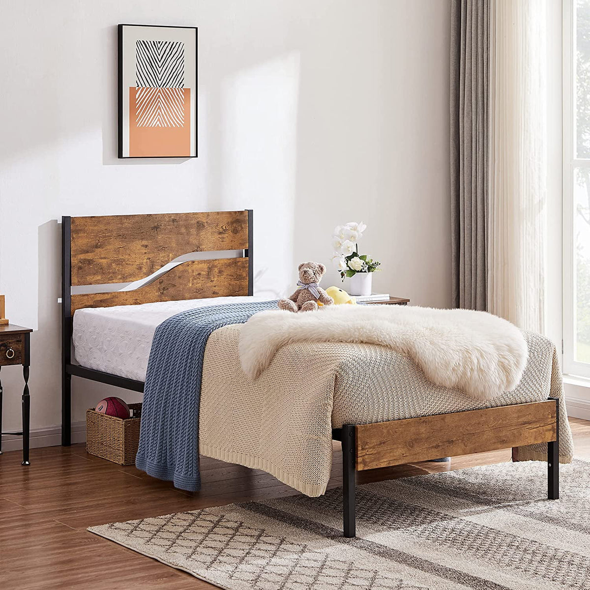 Twin Size Wood Headboard Platform Bed Frame T480880