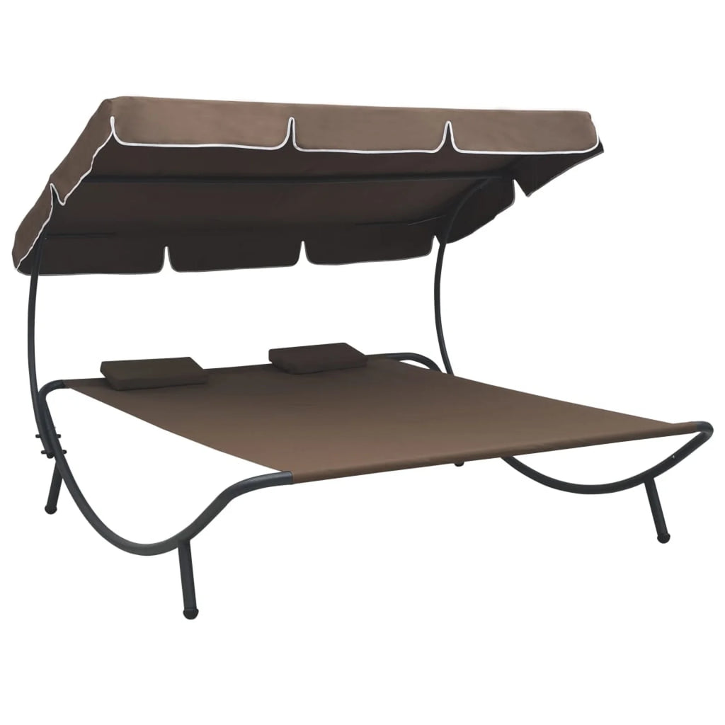 Brown Fabric Steel Outdoor Lounge Bed with Canopy and Pillows U23463