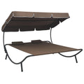Brown Fabric Steel Outdoor Lounge Bed with Canopy and Pillows U23463