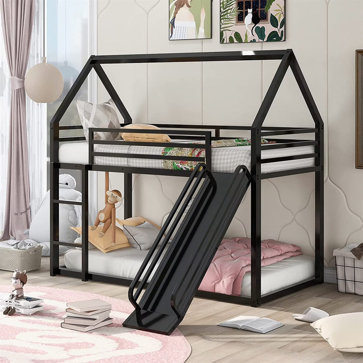 Black Metal Frame Kids Bunk Bed with Slide and Built-In Ladder G84210
