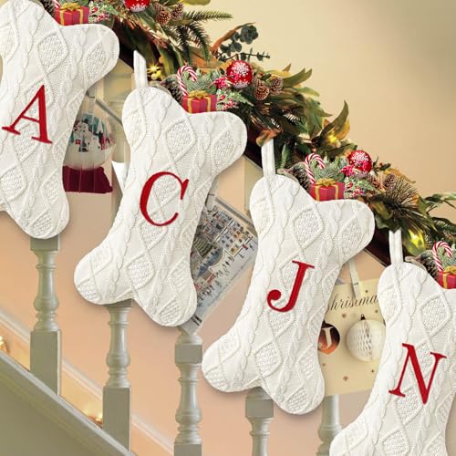 White Large Knit Dog Christmas Stocking with Initials O933124