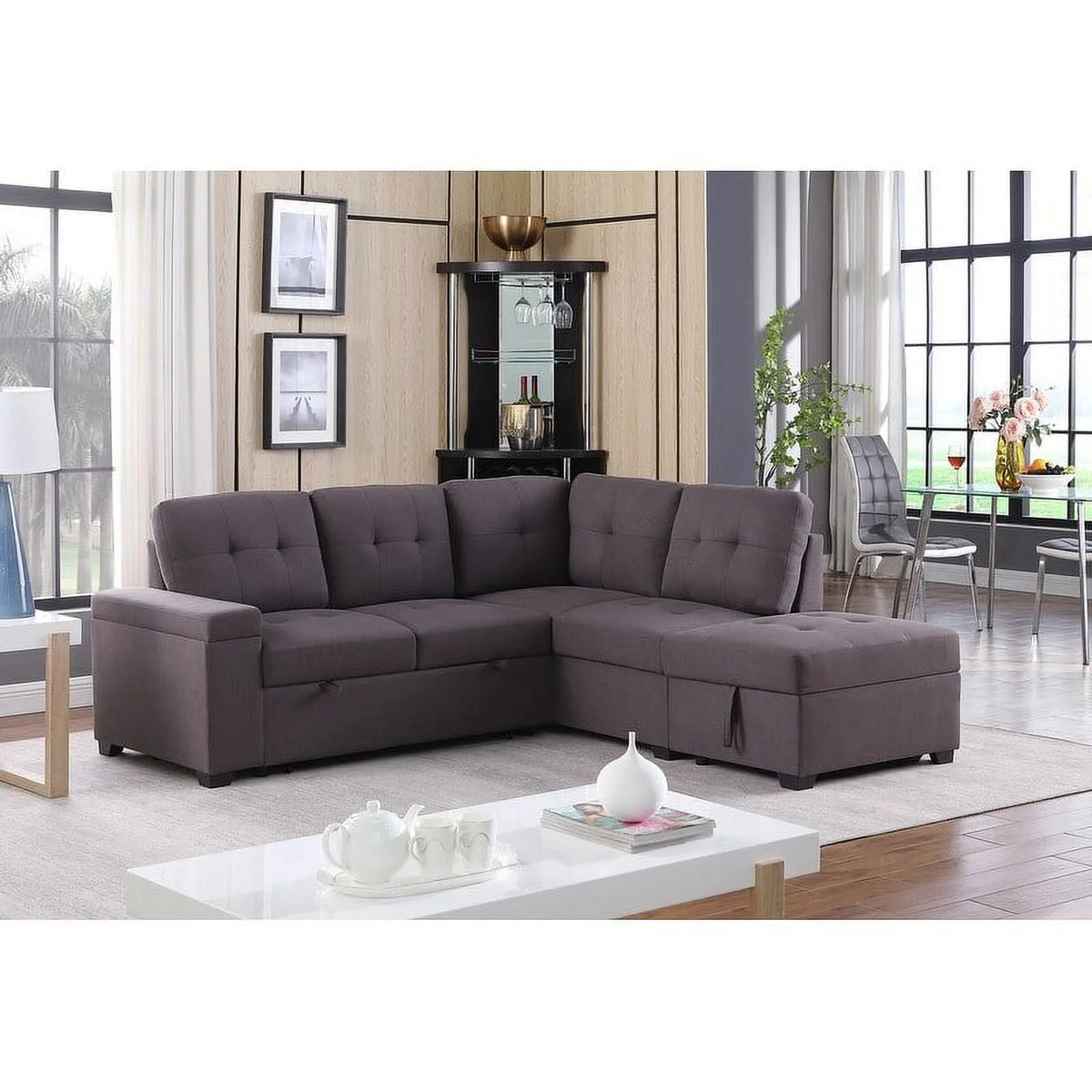 Linen Sleeper Sectional Sofa with Storage Ottoman G109114
