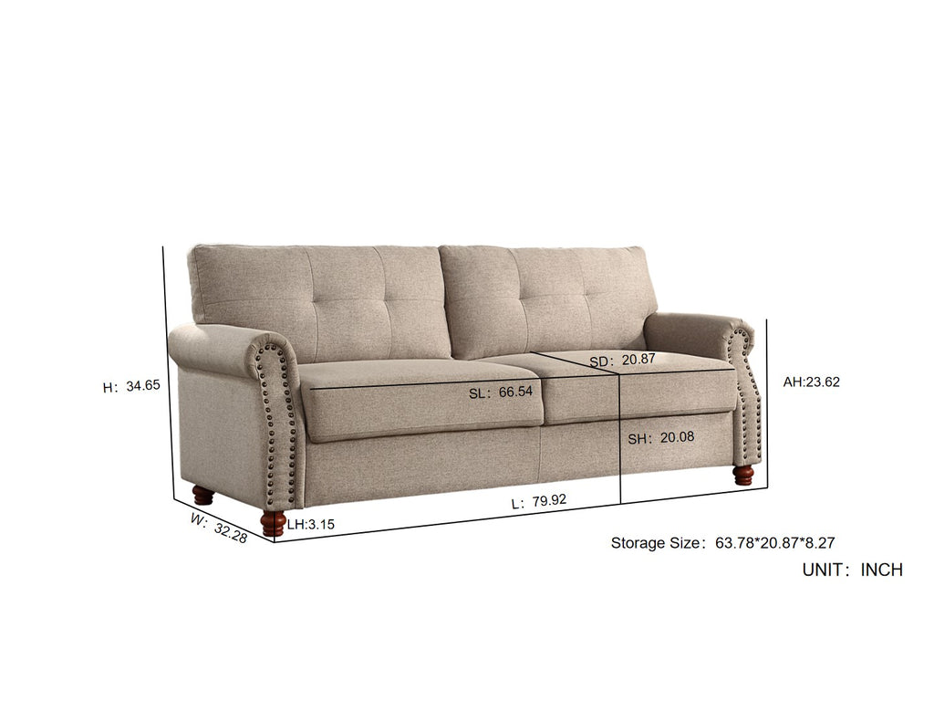 Beige Linen Fabric Upholstery Storage Sofa with Tufted Cushions V26763