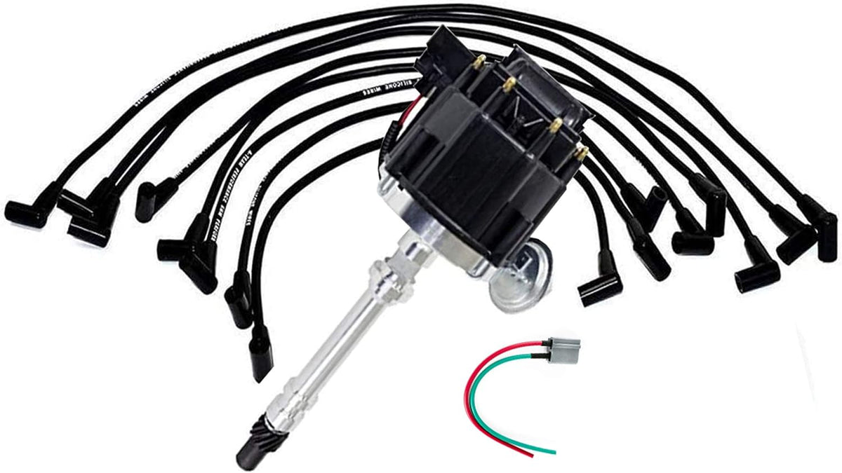 HEI Distributor Black Cap with Spark Plug Wires Set Pigtail Harness Complete Kit W48178