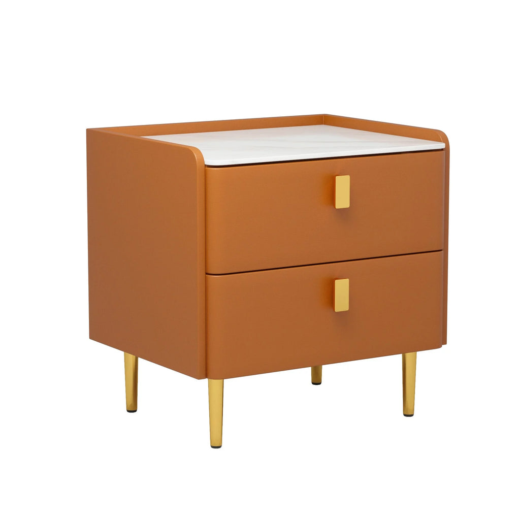 Beige Glossy 2-drawer Faux Leather Nightstand W522295