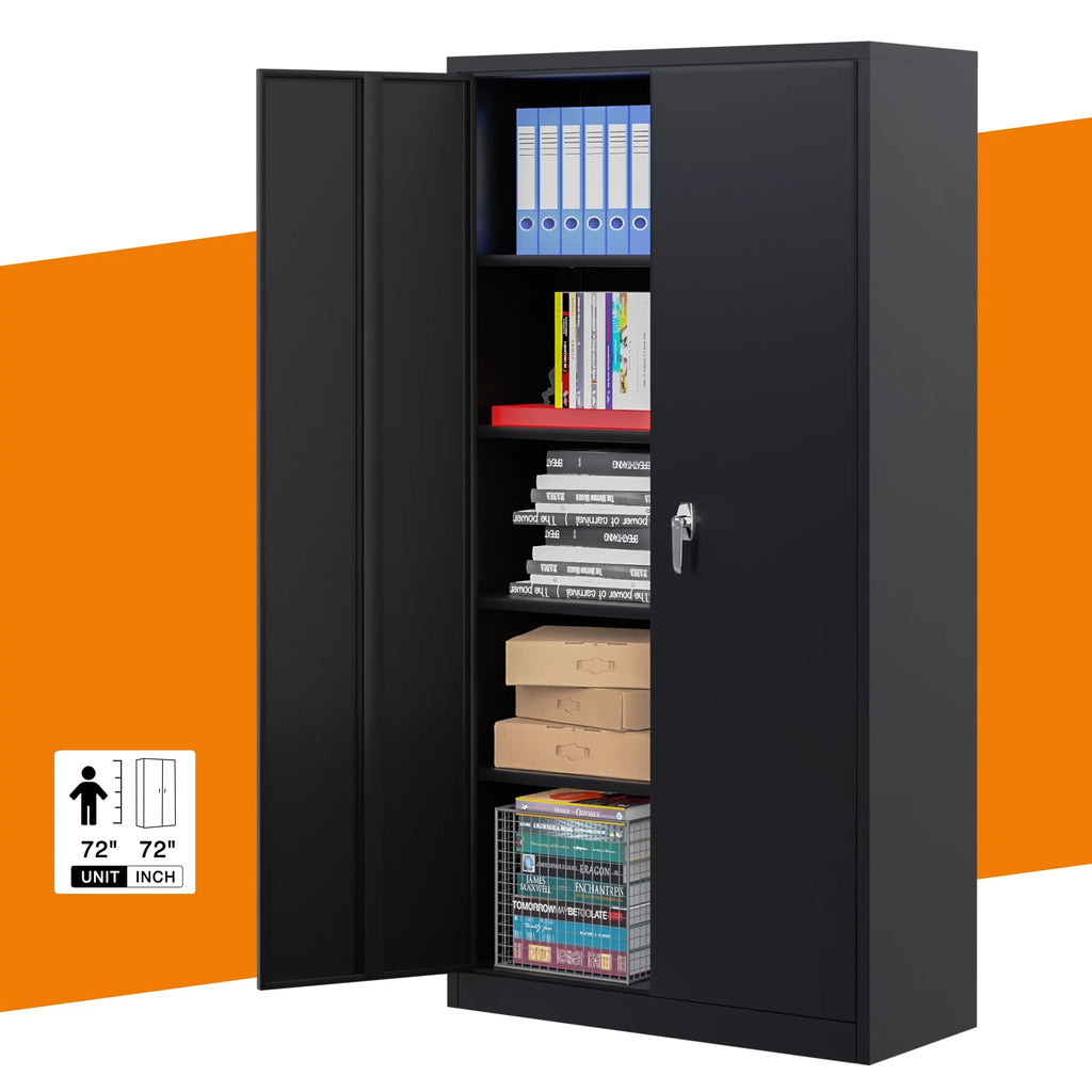 Black 72"H Lockable Steel Storage Cabinet with 4 Adjustable Shelves T208