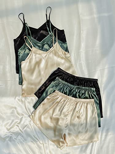 3 Sets Silk Satin Pajama Set Sleeveless V Neck Crop Cami Top and Shorts B9029