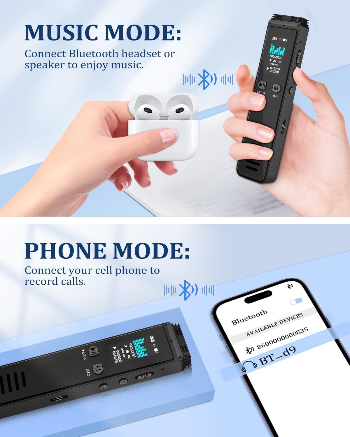 64GB Bluetooth Voice Activated Audio Recorder with MP3 Playback, Type-C Charge G8691
