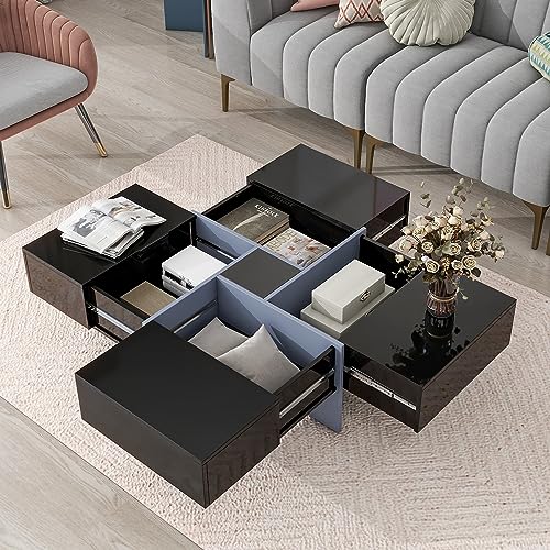 Black Square Coffee Table with 4 Hidden Storage Compartments and Extendable Sliding Tabletop B674400