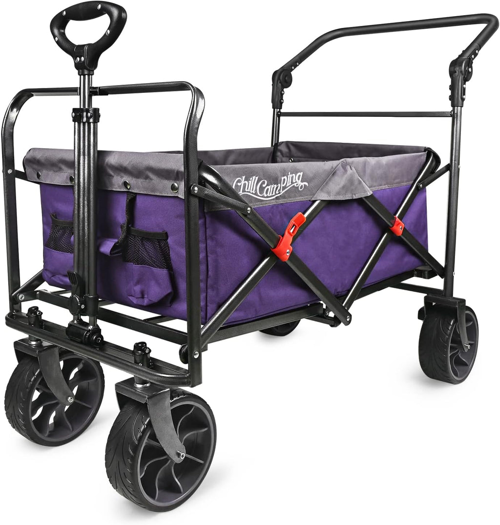 Collapsible Folding Wagon with Adjustable Push Pull Handles, Big Rubber Wheels, Green/Gray I22881