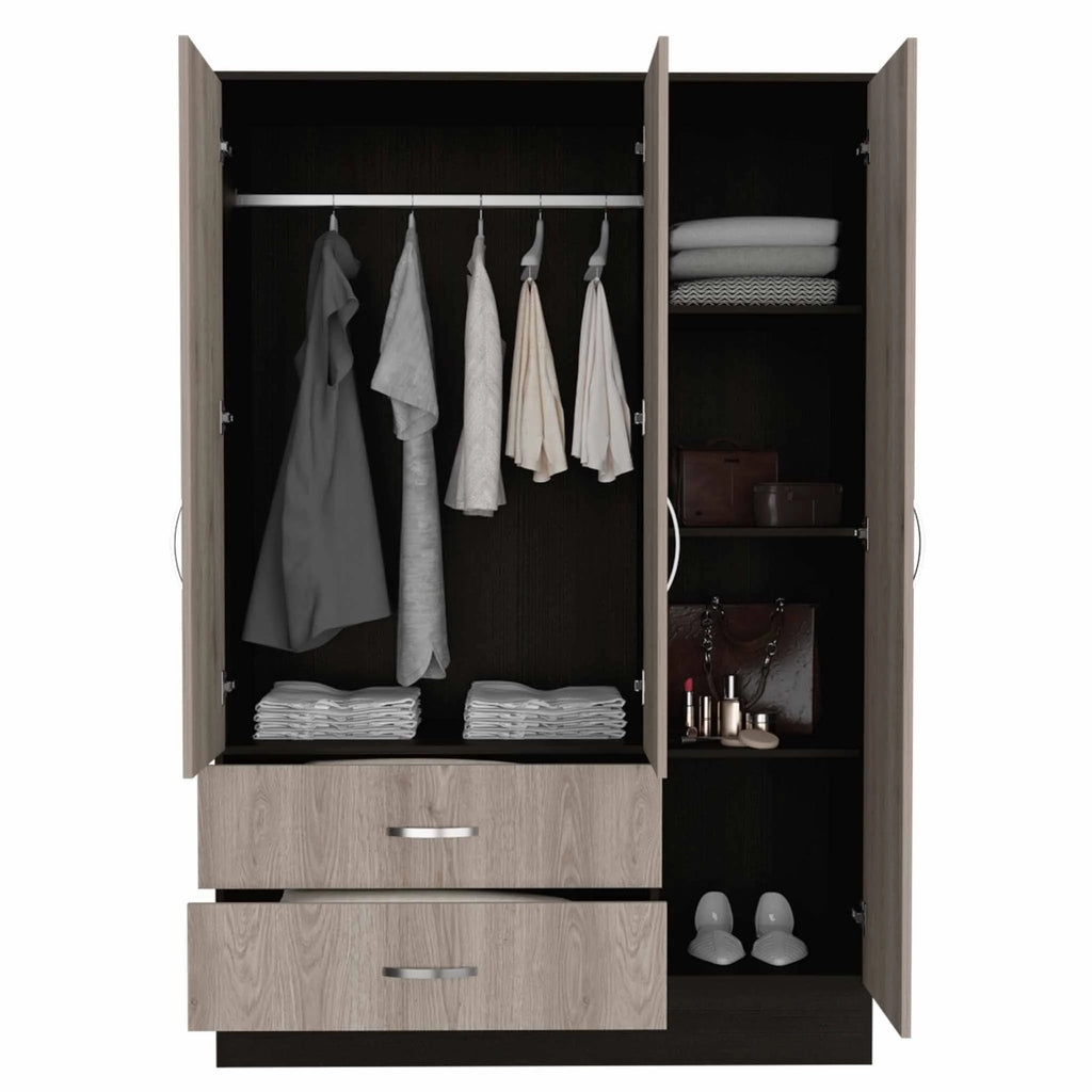 Light Oak Black Three Door Wardrobe Closet with Mirror T878172